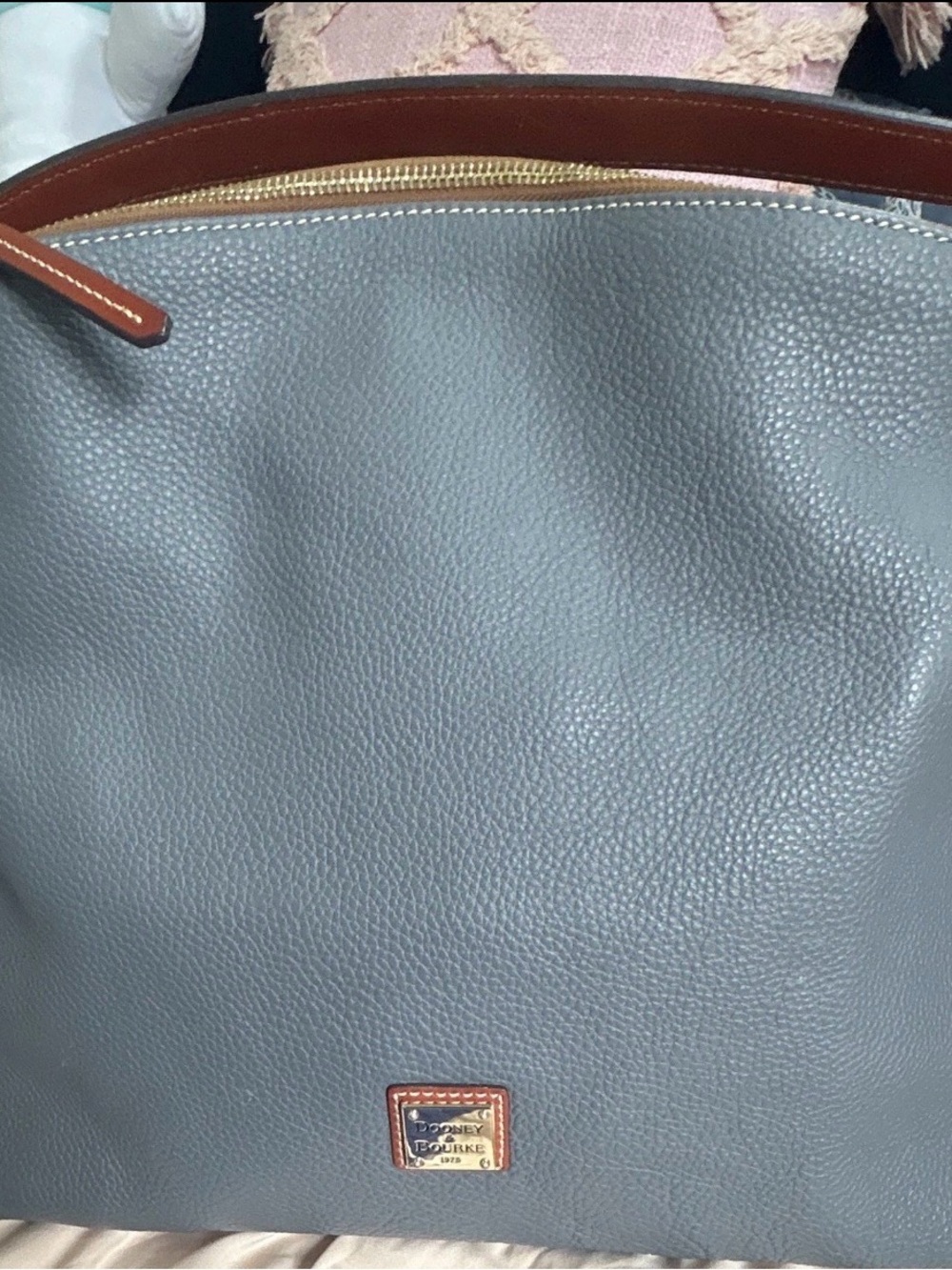 Dooney & Bourke Blue-Gray Pebble Leather Tote with Brown Trim